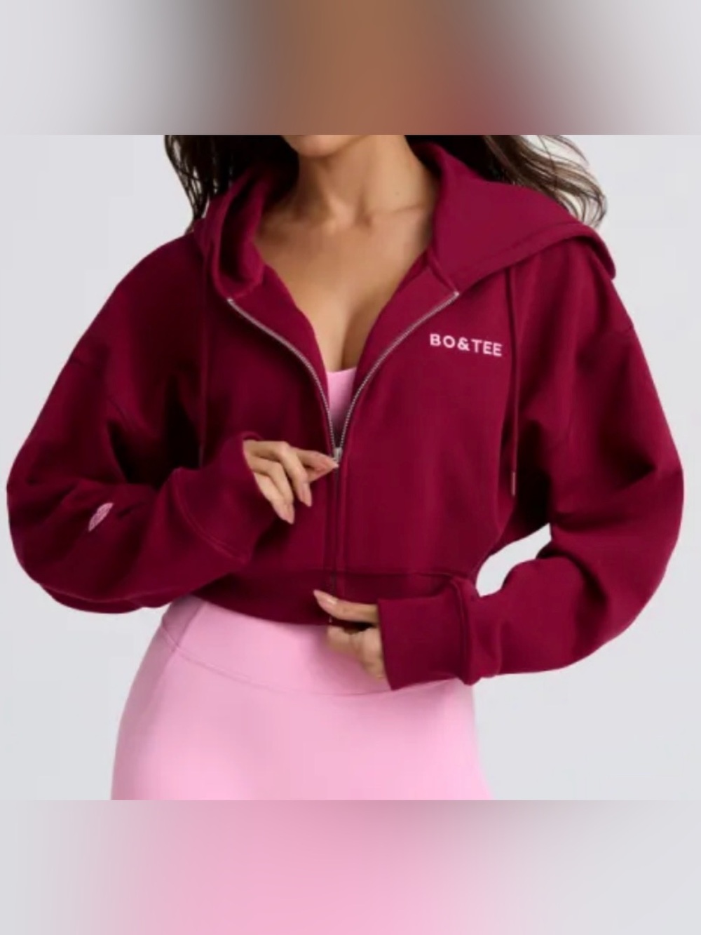 BO&TEE Cropped Zip Hoodie in Burgundy